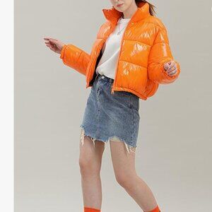Women's Cropped Winter Jacket Shiny Short Padded Bubble. Polyester. Orange. XS